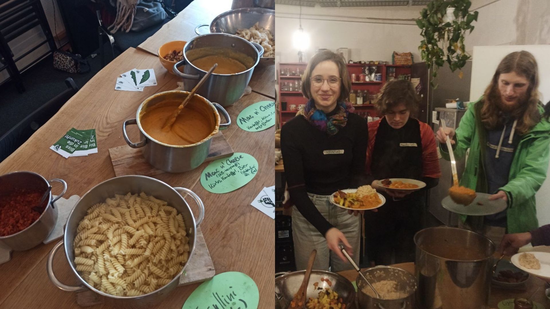 Zweiteiliges Bild: Links stehen auf einem Holztisch mehrere Töpfe mit verschiedenen veganen Speisen, darunter Nudeln, Soßen und Mac-and-Cheese, daneben handgeschriebene grüne Schilder. Rechts reichen mehrere Personen in einer Gemeinschaftsküche Essen aus großen Töpfen; eine Person hält einen Teller und lächelt in die Kamera, während andere sich bedienen.